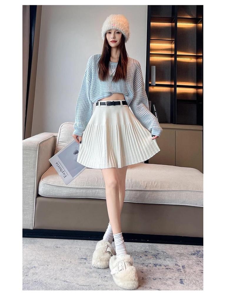 Women's Petite High Waist Knitted A-line Pleated Umbrella Skirt for Autumn and Winter