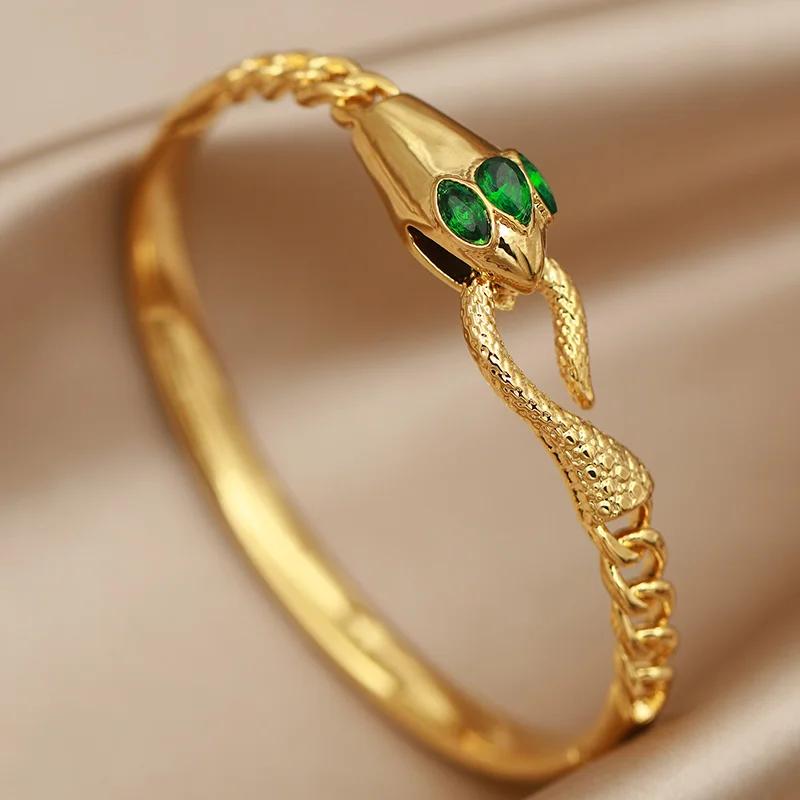 FYSARA Green Eye Snake Shape Desgin Stainless Steel Bracelet  Clasp Titanium Steel Bangle for Women Geometric Zircon Gifts