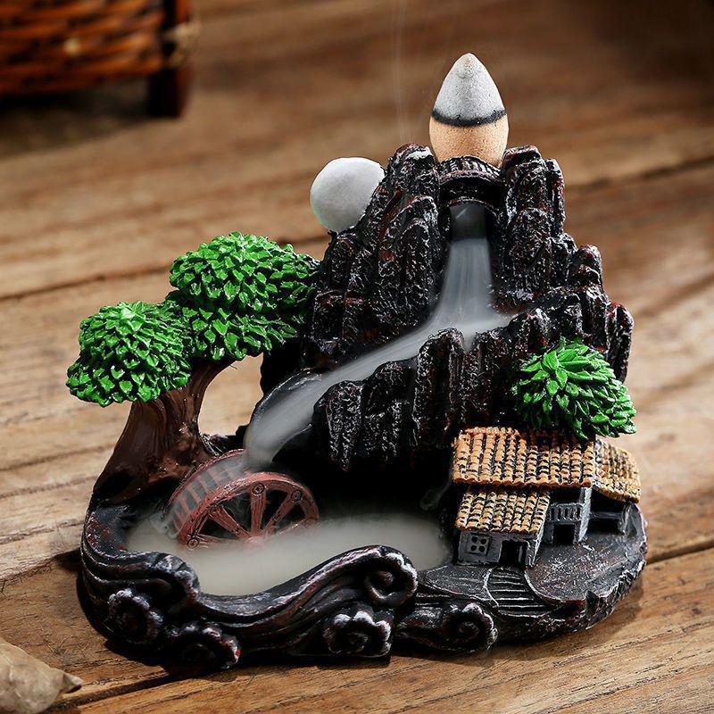 Creative Resin Backflow Incense Burner - Mountain Stream Design, for Sandalwood and Agarwood, Indoor Home Décor