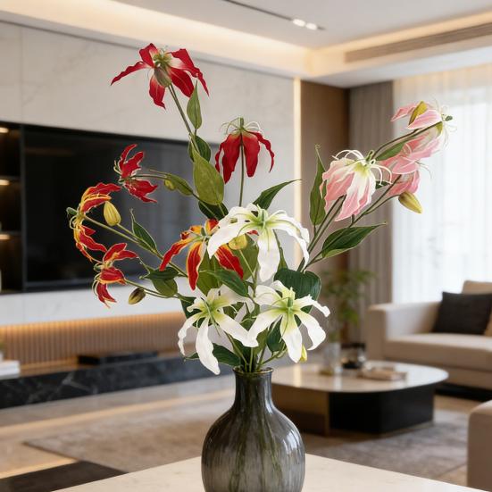 Artifical Lily Flowers with 3 Heads Full Blooms And 2 Buds Long Stem Fake Lily Bouquet for Indoor Home Table Office Wedding Decoration