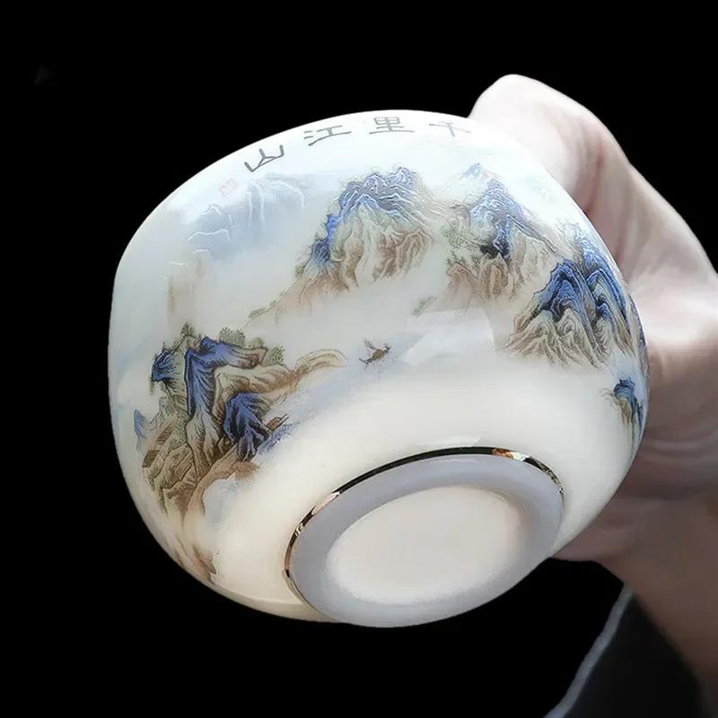 1 szt. Chiński Zamsz Jadeitowa Biała Porcelana Filiżanka do Herbaty Ręcznie Robiona Filiżanka Mistrzowska Filiżanka Pu'er Czarka do Herbaty Osobista Filiżanka do Medytacji Zestaw do Herbaty 120ml
