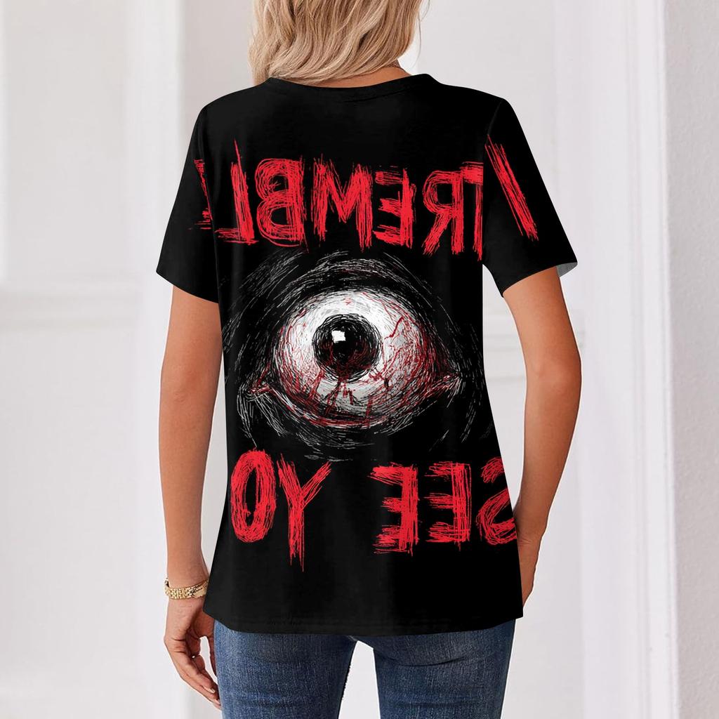 Women's Casual V Neck Short Sleeve Button T Shirt Halloween Themed Graphic Print Top Fashionable Comfortable Fit
