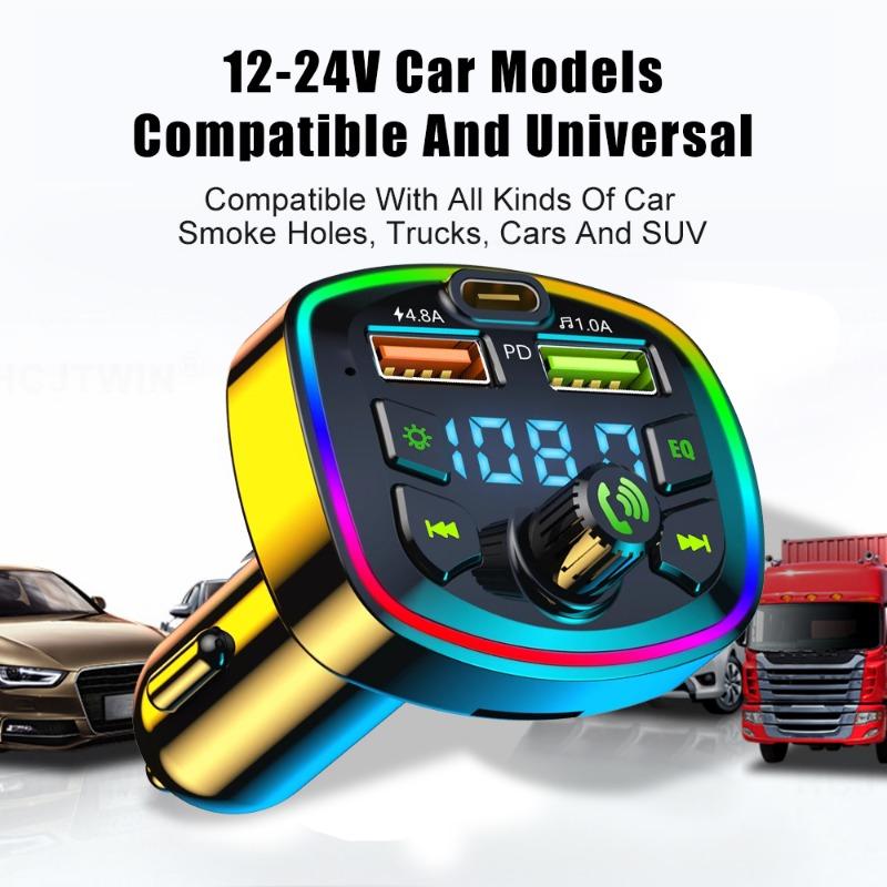 Car Bluetooth 5.0 Charger Dual USB 3.1A  PD 20W Type-C FM Transmitter Colorful Ambient Light Cigarette lighter MP3 Music Player