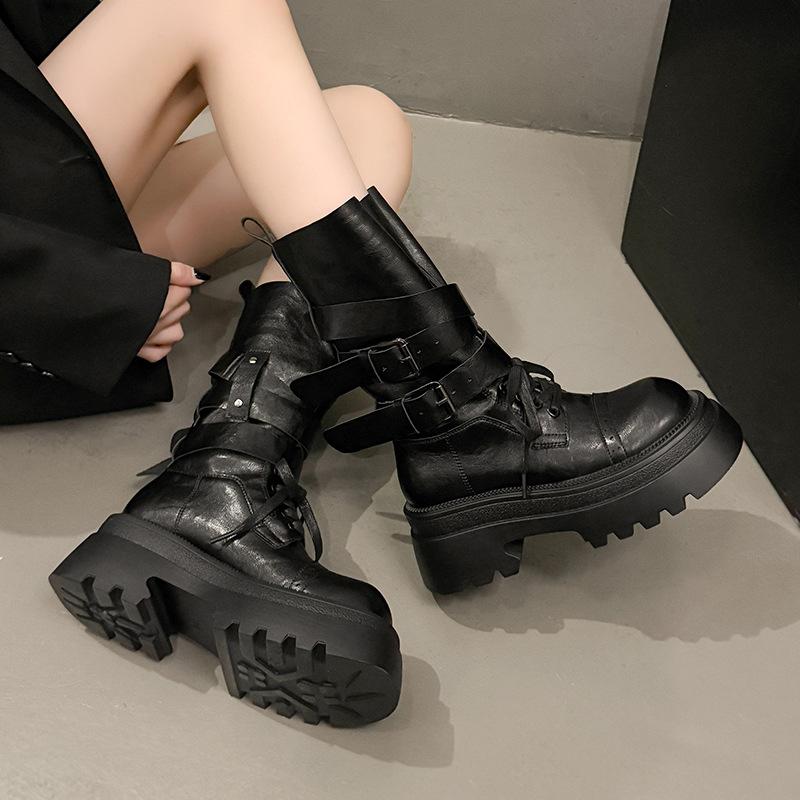 Black Martin boots women's 2025 new autumn single boots retro British style thick-soled heightening western cowboy short boots