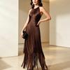 Spring and Summer European and American Neck Fringed Long Dress Women's Sleeveless Slim Temperament Dress Dress Dress Dress Factory Spot