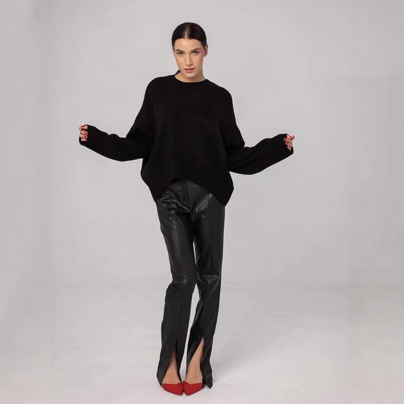 VEZFAA Women's Fashion Casual Fall Winter Solid Color Print Long Sleeve O-Neck Sweaters