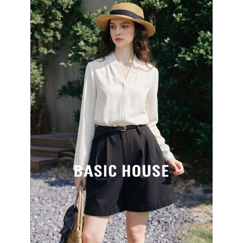 Basic House Women s Long Sleeve V-Neck Commuter Shirt S белый