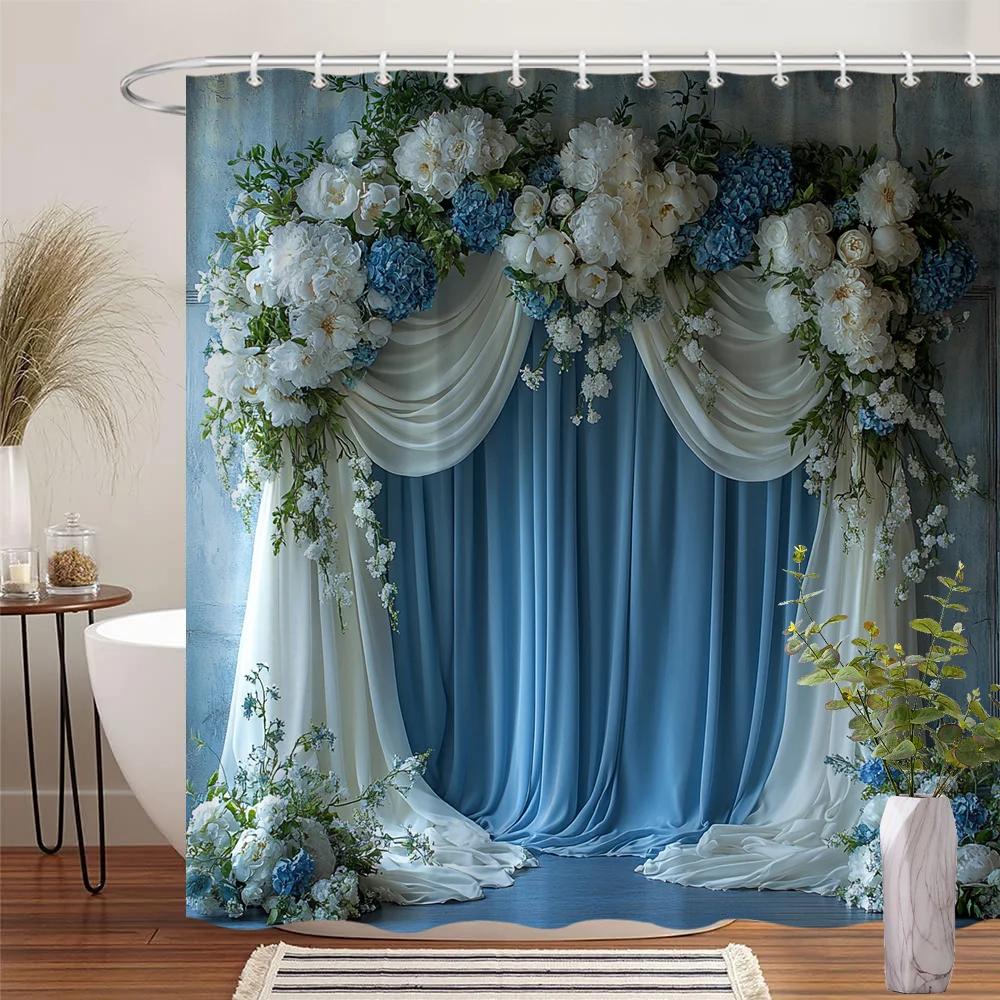 

Elegant Floral Shower Curtain - White & Blue Hydrangeas, Romantic Design, 12 Hooks, Ideal For Nature-Themed Bathroom Decor W60H190(CM)-1 Pcs