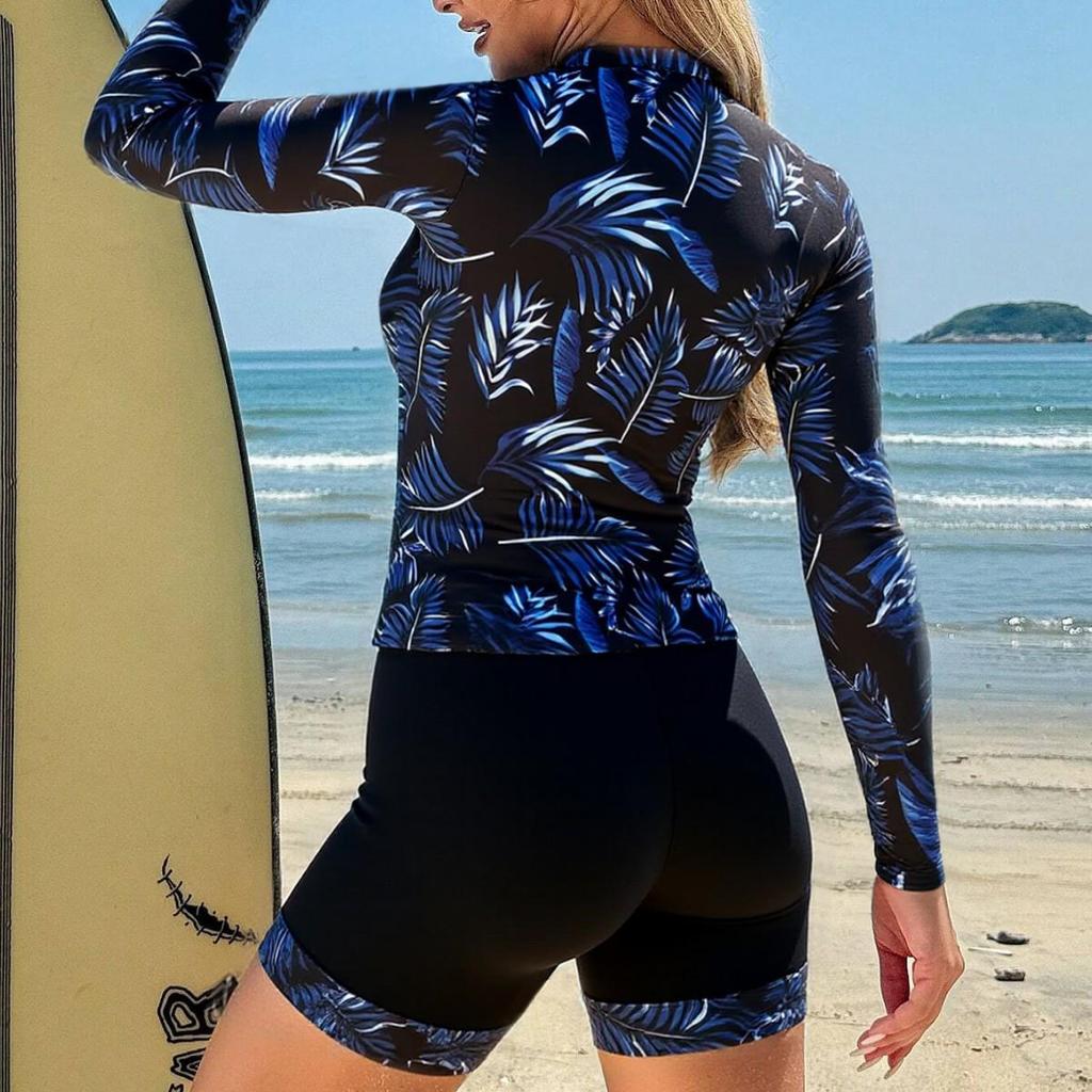 Costume da Bagno da Gara Due Pezzi da Donna con Top a Manica Lunga con Zip e Pantaloncini da Surf