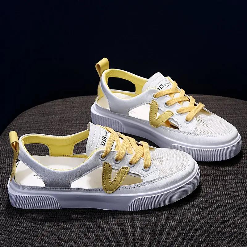 Women's Summer Mesh Casual Sports Sandals Soft Sole Non Slip Breathable Baotou Hollow Out Little White Shoes Casual Board Shoes