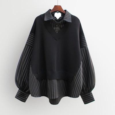Spring Autumn Combination Fake Two Piece Women's Shirts Korean Loose Fashion Shirt