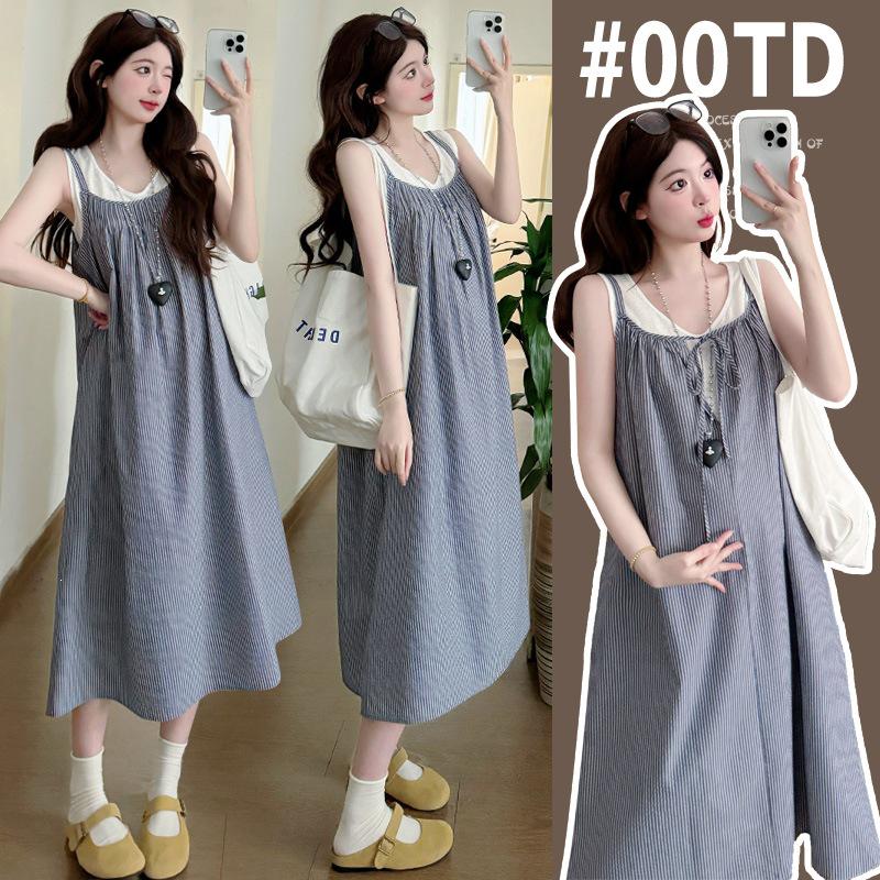 

2026 Maternity Cotton Linen Striped Two-piece Dress Set - Reversible Sling Dress with Vest T-shirt M