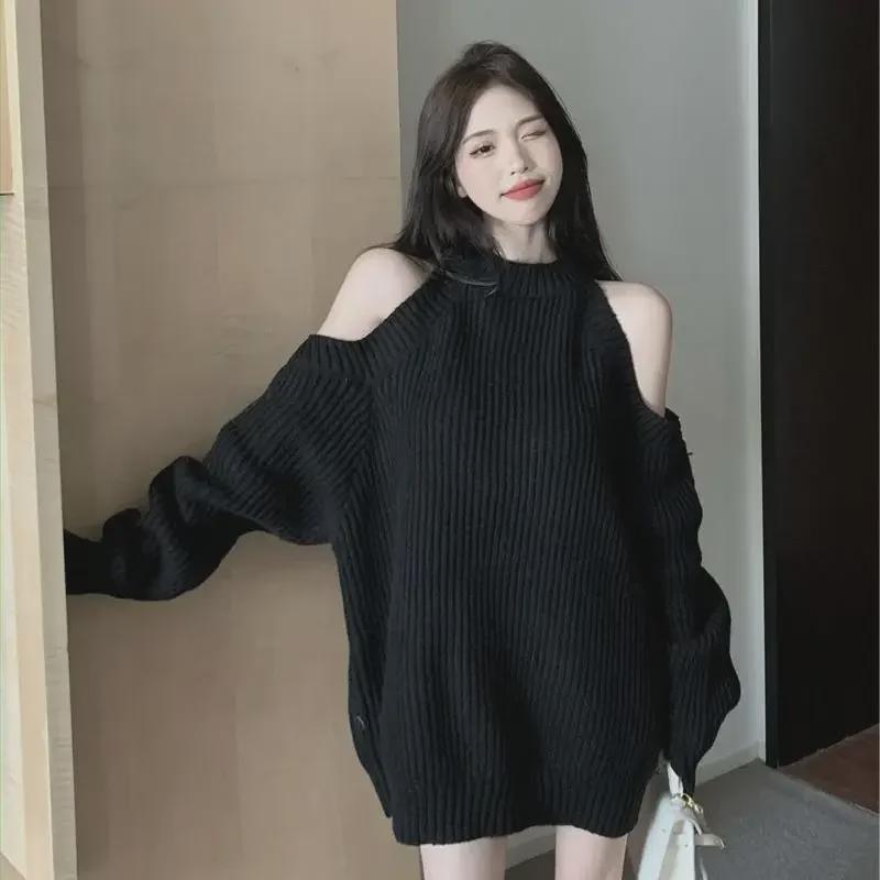 Women's Off-Shoulder Black Knit Sweater - Loose Korean Style for Autumn/Winter 2024