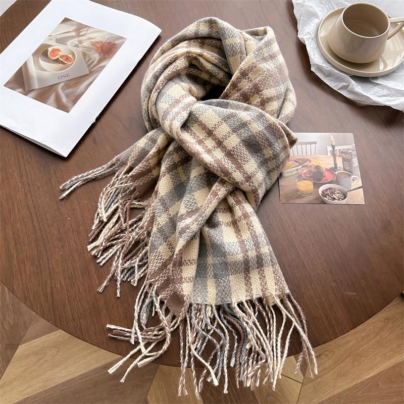 Korean Version Plaid Scarf Winter Male And Female Students Scarf Thickened Warm Outer Shawl Tassel Korean Imitation Cashmere Scarf