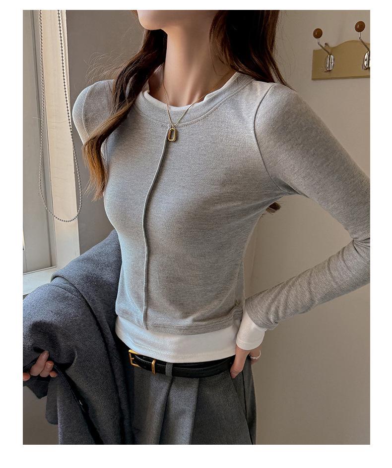 Women's 250g Heavyweight Two-Piece Look Round Neck Long Sleeve T-Shirt - Spring/Autumn Fashion with Straight Shoulder Patchwork Design