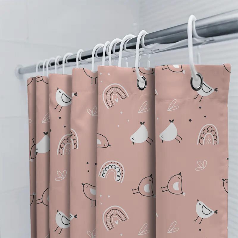 Charming Pink Shower Curtain With Soft White Patterned Birds And Rainbows For Bathroom Decorations Easy Hanging Hooks Included (