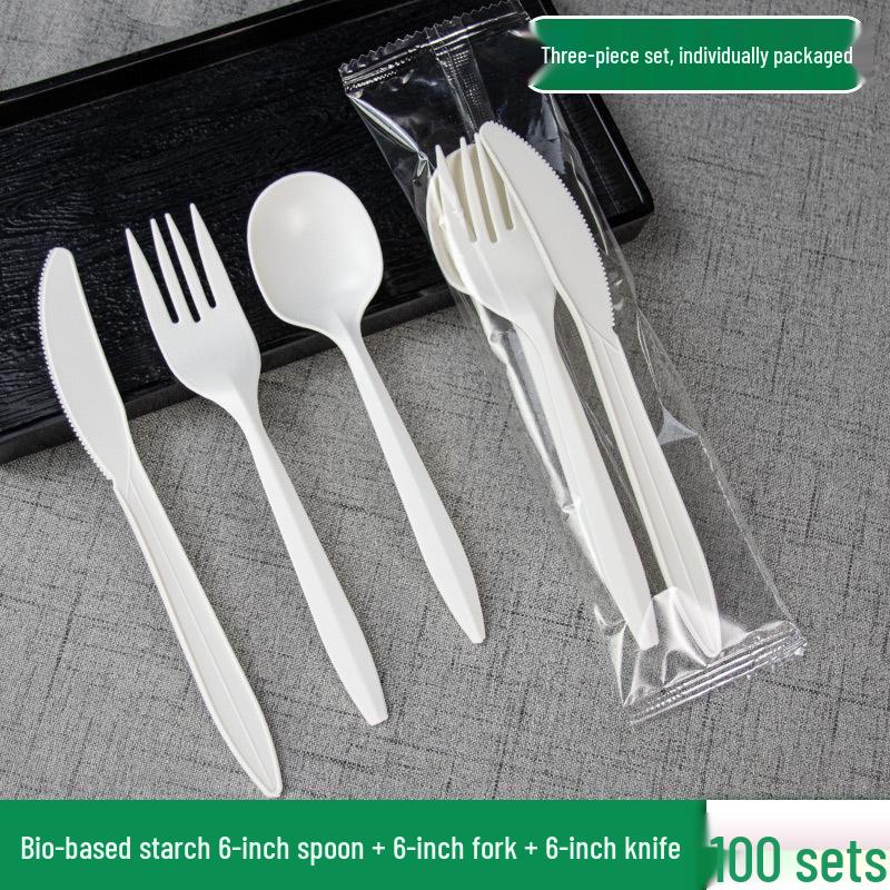 Eco-Friendly Disposable Starch Cutlery Set: Knife, Fork, Spoon - Individually Packaged 3-Piece Customizable Set.