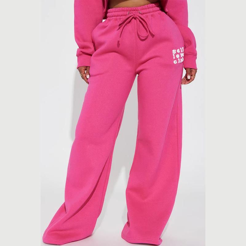 2026 Autumn Women's Casual High Waist Drawstring Sweatpants, Elastic Waist Pocketed Wide-Leg Pants with Letter Print, Pink Long Trousers