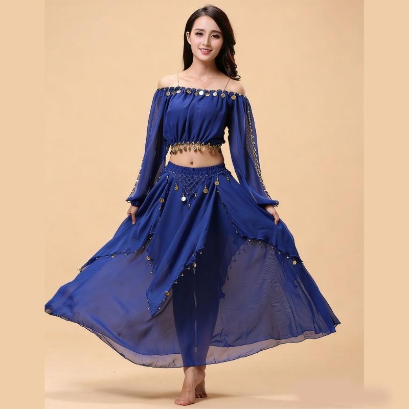 Set Costume Danza del Ventre a Maniche Lunghe da 2 Pezzi per Donne Tessuto Morbido in Chiffon Outfit da Ballo Outfit per Esibizioni Professionali