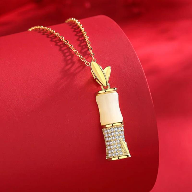 Classic S925 Sterling Silver Hetian Jade Necklace, Elegant Green Bamboo Pendant, Retro Light Luxury with a New Chinese Style for Women
