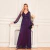 European Style Shiny Pleated Long Sleeve V-Neck A-Line Evening Gown