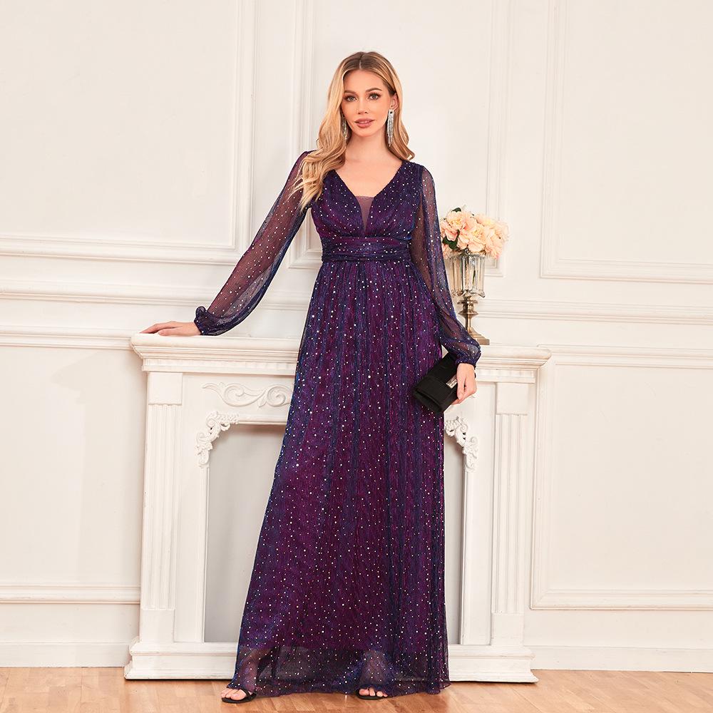 European Style Shiny Pleated Long Sleeve V-Neck A-Line Evening Gown