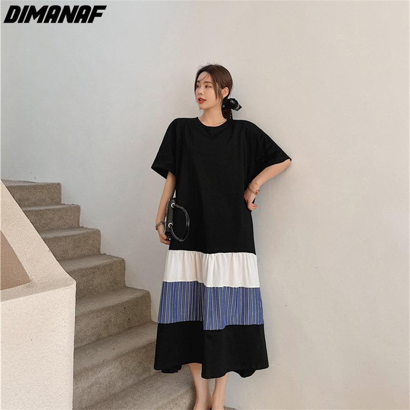 DIMANAF Women 2023 New Summer Style T-Shirt Dress Striped Print Elegant Long Dress Loose Long Dress O-Neck Dresses