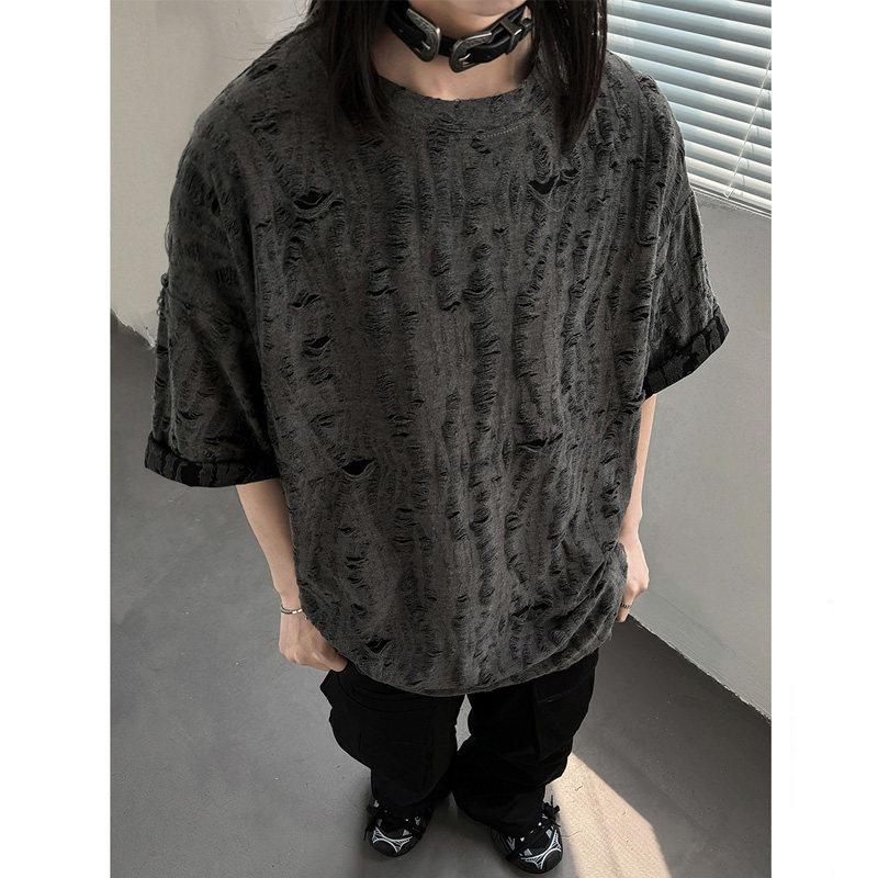 Wasteland-Style Niche Hollow-Out Ripped Men's Heavyweight T-Shirt with Small Neckline