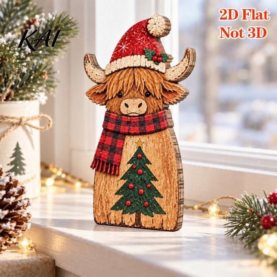 Farmhouse Holiday Gift Highland Cow Wooden Table Sign, Rustic Tiered Tray Centerpiece, 2D Flat Vintage Christmas Party Decor Tabletop Ornament