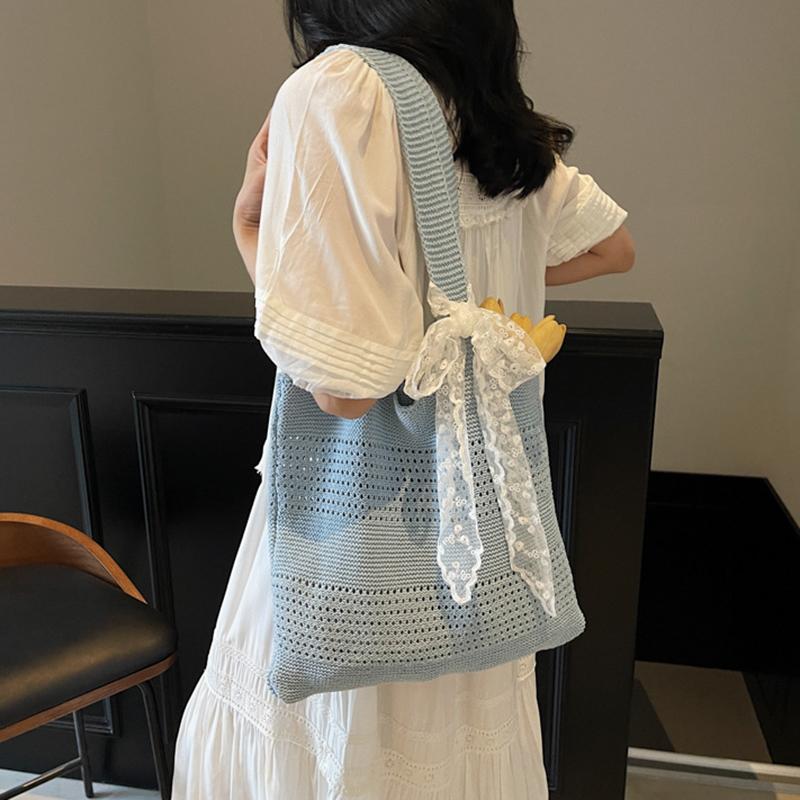 Yogodlns Summer Beach Tote Bag Women New Fashion Hollow Out Weave Shoulder Bags Female Lace Decorate Handbags