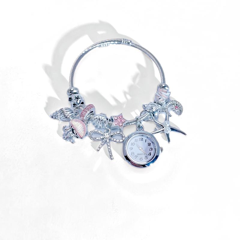 Ocean-Themed Multi-Pendant Bracelet With Watch Fashionable And Suitable For Commuting Stainless Steel Handmade Beaded Bangle