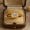 Wedding Engagement Anniversary Promise Gift – Emerald Cut Cubic Zirconia Ring, Yellow Gold Plated Baguette Hidden Halo Diamond Style Jewelry