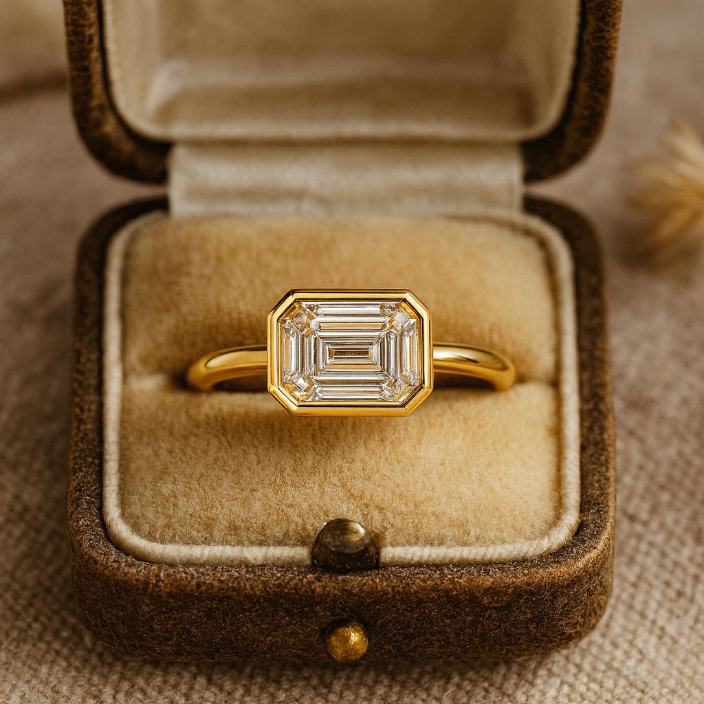 Wedding Engagement Anniversary Promise Gift – Emerald Cut Cubic Zirconia Ring, Yellow Gold Plated Baguette Hidden Halo Diamond Style Jewelry