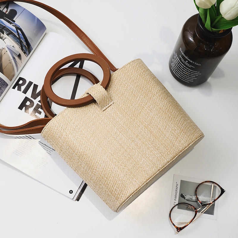 Fashion Woven Beach Solid Wood Handbag All-match One-shoulder Messenger Female Bag