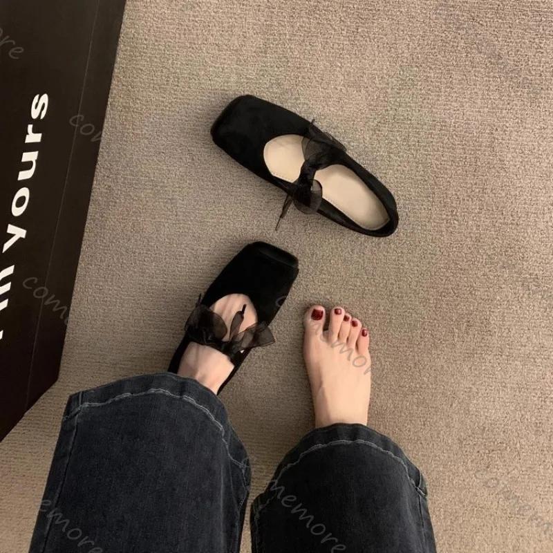 Fashion Comemore French Retro Style Ballet Single Shoes Women Square Head Soft Bottom Mary Jane Shoes Solid Color Lace Up Casual Flats