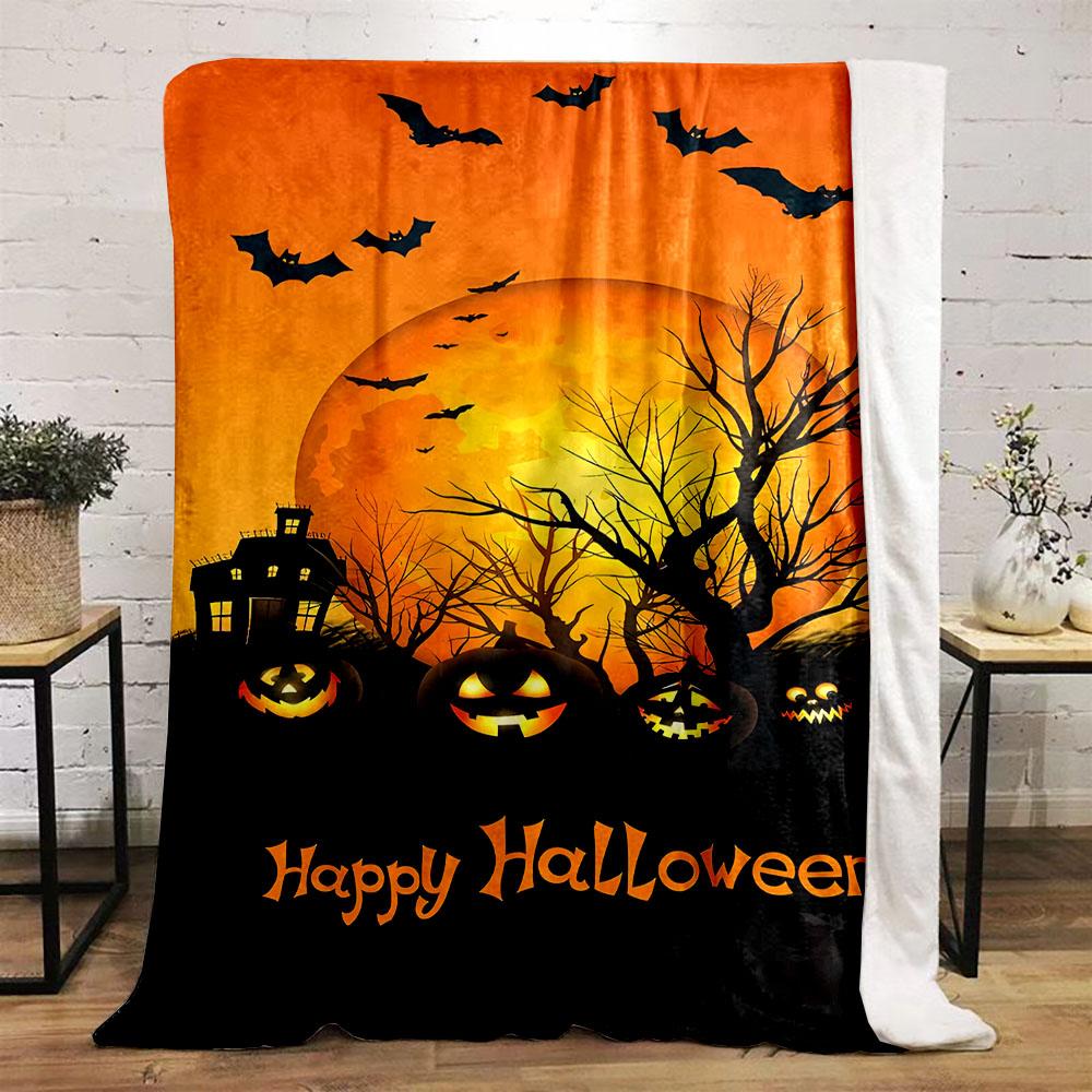 Halloween Pumpkins and Bats Scene Patterned flannel blanket perfect for the bedroom living room, sofa, or a little nap