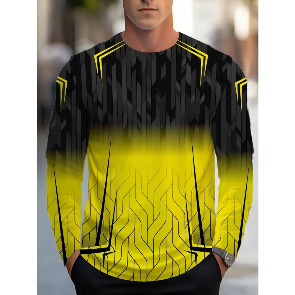 Geometric Pattern Gradual Change Printed Round Neck Long Sleeve T-shirt, Casual Fashion Streetwear