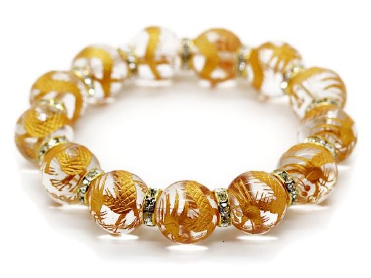 

Gold Carved Five Claw Emperor Dragon Crystal 16mm Gold Rondelle Prayer Bead Bracelet Power Stone [Sekihui] [b337]