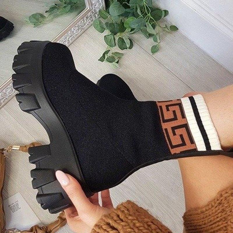 

Осень-зима, новые парные носки, женская обувь на толстой подошве, повседневные ботинки большого размера из сетчатой ​​красной эластичной ткани, трикотажные полусапожки, женские ботинки