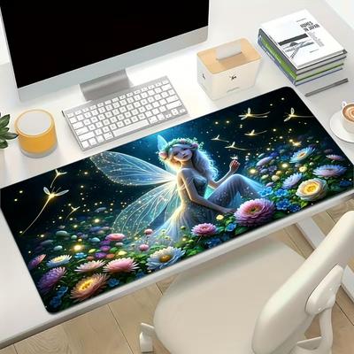 Starry Night Winged Fairy Gaming Mouse Pad Non Slip Rubber Stitched Edge Keyboard Table Mat For Laptop Office Desktop Setup