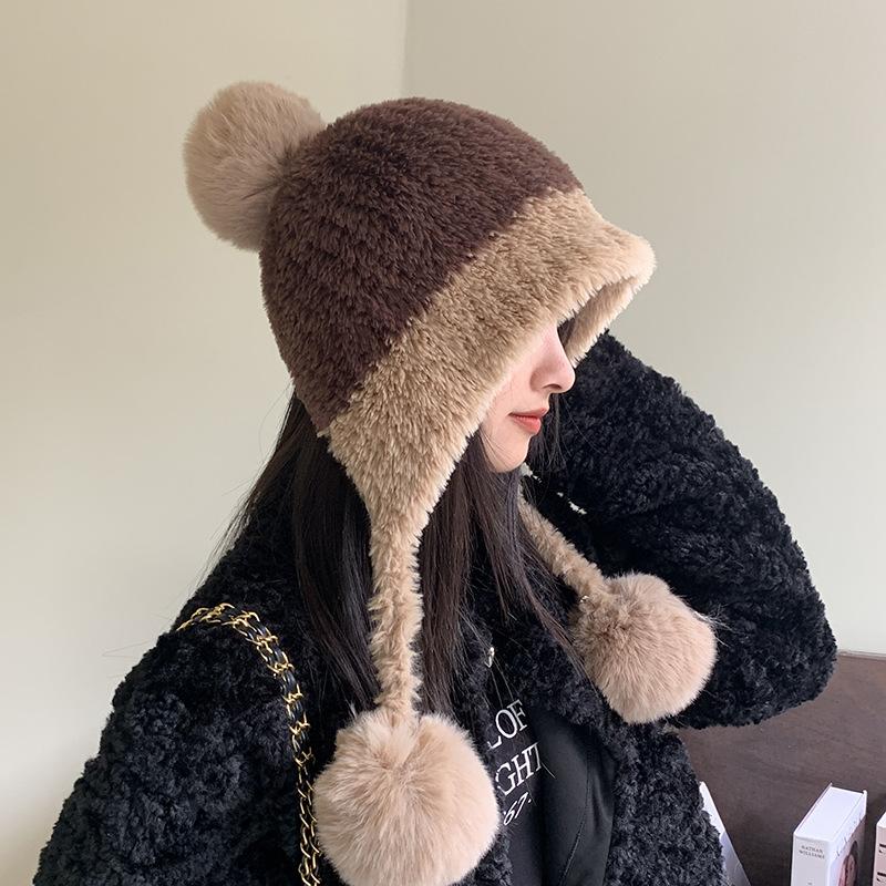 Women's Winter Cold-Resistant Hat Large Head Circumference Plush Pom-Pom Cute Earflap Ear-Covering Fleece-Lined Thickened Color-Block Knitted Hat
