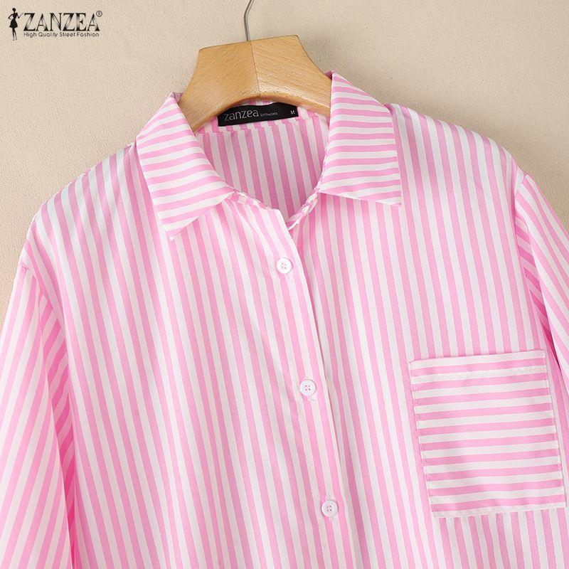 ZANZEA Women Casual Turn Down Collar Long Sleeve Stripe Blouse