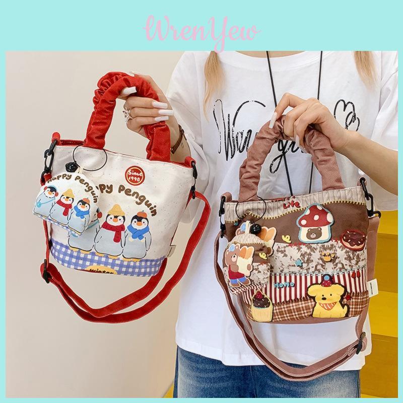 Cute Illustration Dopamine Canvas Small Bucket Bag With Cartoon Penguin And Bear Print Design For Daily Use