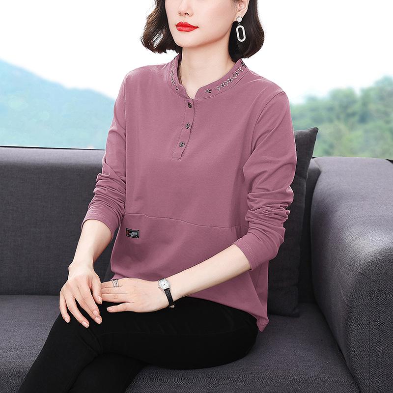 Embroidered Round Neck Loose-Fit Pullover Blouse for Autumn/Winter