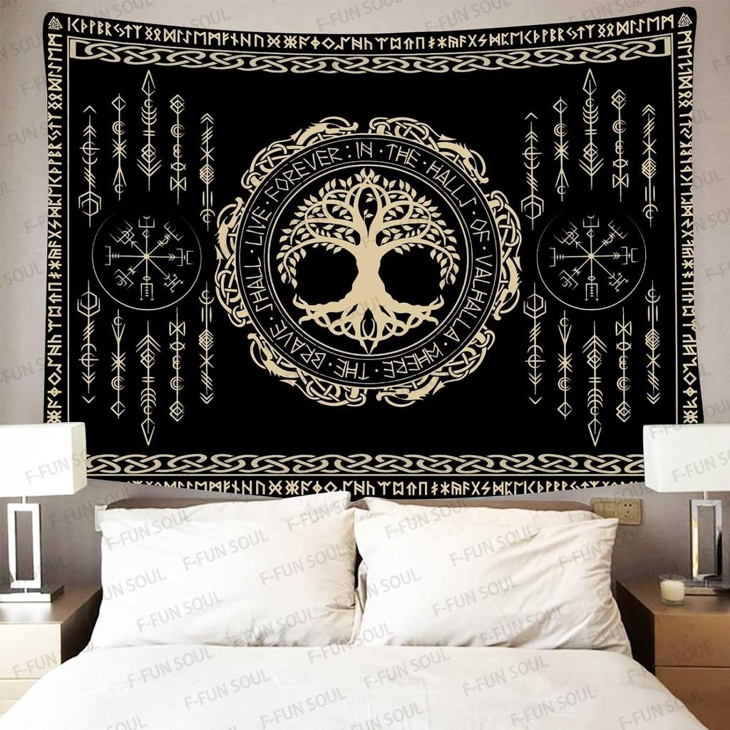 Viking Yggdrasil Tree of Life Celtic Rune Scandinavian Aesthetic Mythology Tapestry Wall Hanging for Bedroom Living Room Decor
