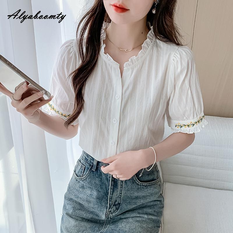 

Летняя женская хлопковая блузка в корейском стиле с оборками на воротнике, белая, голубая, с цветочной вышивкой, элегантная, женственная, базовая блузка для леди S белый