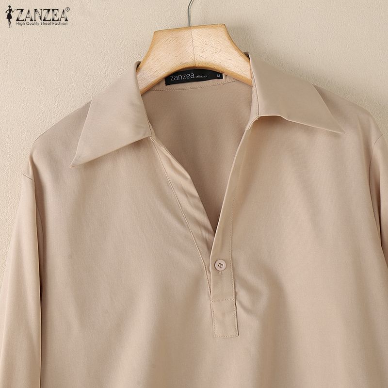 ZANZEA Damen Casual Umlegekragen 3/4 Ärmel Lockere Bluse