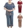 2Pcs/Set Grandma T-shirt Pants Suit Summer Short Sleeve O Neck Elegant Flower Print Breathable High Elastic Elderly Women Mom Top Cropped Trousers Kit