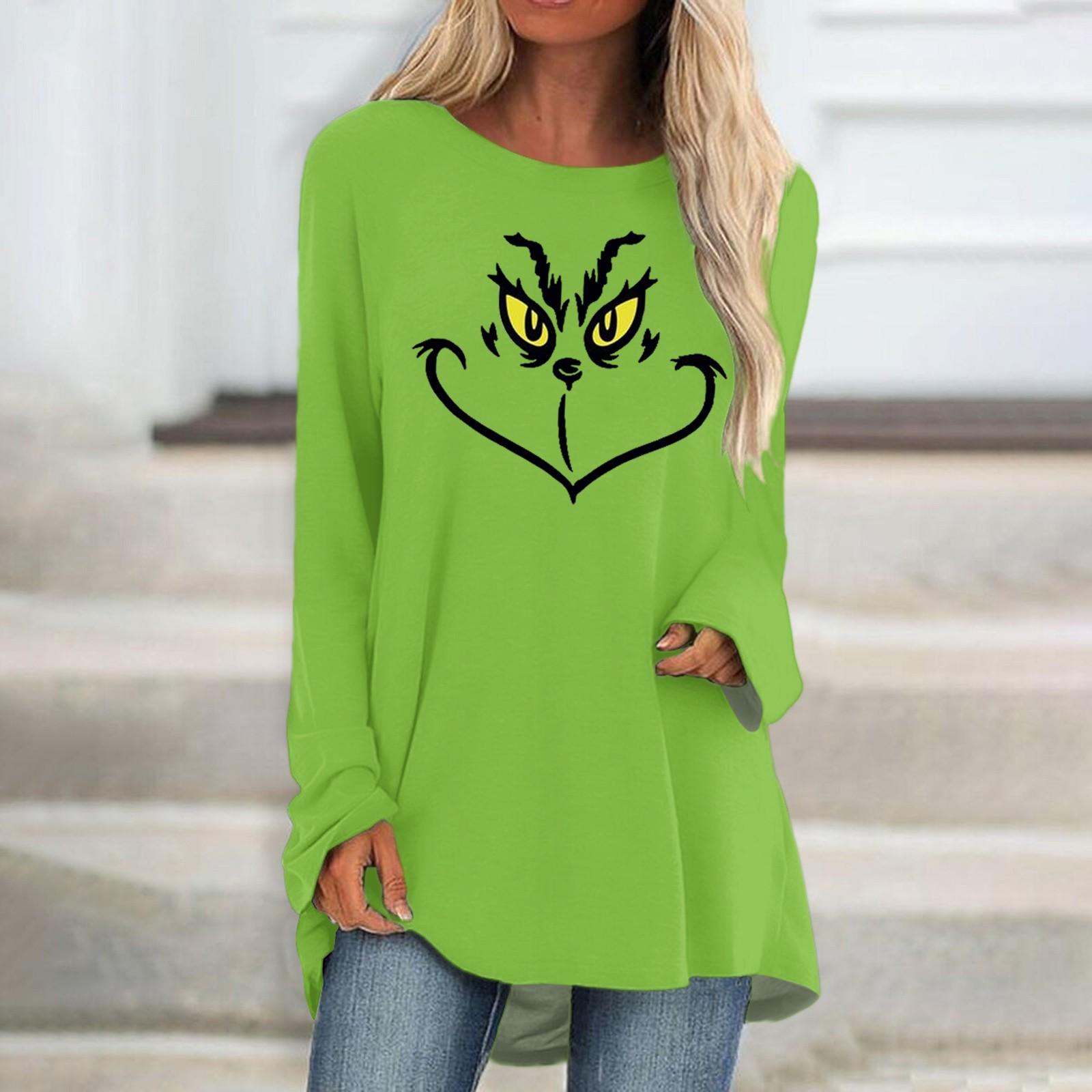 

Fashion Plus Size Women s Casual Long Sleeved Round Neck Printed T-shirt L зелений
