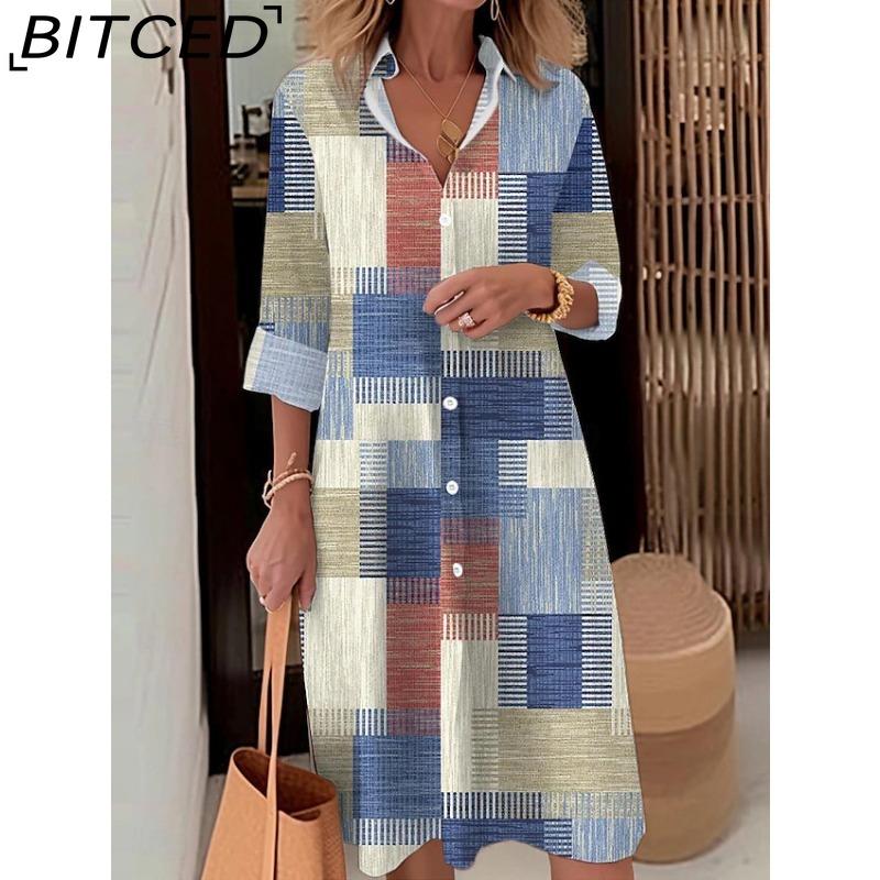 BITCED Women Fashion Spring Autumn Color Block Print Long Sleeve Polo Collar Loose Waist Casual Dresses